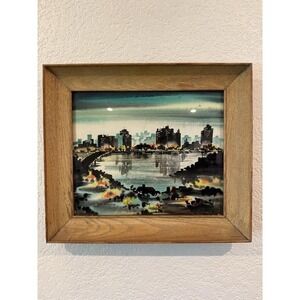 Original Midcentury Cityscape Watercolor Silhouette Signed Andre Framed Art